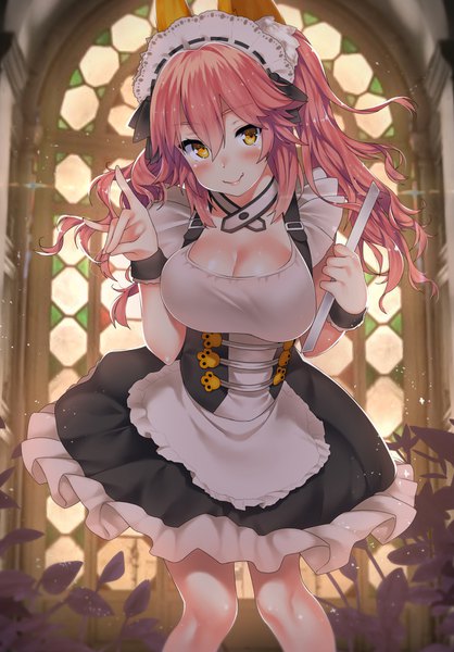 Anime picture 1184x1699 with fate (series) tamamo (fate) (all) tamamo no mae (fate) kawai (purplrpouni) single long hair tall image looking at viewer blush fringe breasts light erotic smile hair between eyes large breasts standing twintails holding animal ears yellow eyes