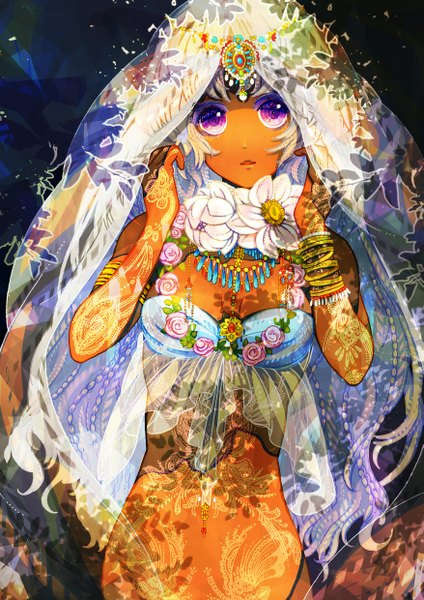 Anime picture 1753x2480 with original pepepo (kyachi) long hair tall image highres purple eyes white hair midriff tattoo dark skin flower (flowers) bracelet rose (roses) jewelry