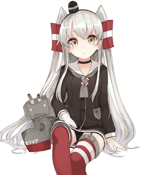 Anime picture 813x1000 with kantai collection amatsukaze destroyer rensouhou-kun kou mashiro long hair tall image looking at viewer light erotic simple background white background sitting yellow eyes silver hair two side up pantyshot pantyshot sitting girl thighhighs dress hair ornament