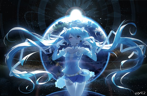 Anime picture 1500x975 with vocaloid hatsune miku qys3 single looking at viewer blush fringe breasts blue eyes hair between eyes twintails bare shoulders signed blue hair ahoge very long hair one eye closed wink off shoulder arms up