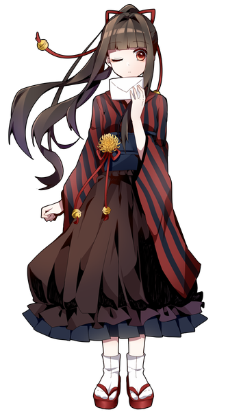 Anime picture 834x1500 with original sakura yuki (clochette) single long hair tall image looking at viewer black hair red eyes ponytail one eye closed wink transparent background girl dress letter
