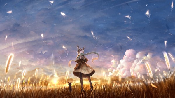 Anime picture 2250x1260 with original bounin single fringe highres short hair brown hair wide image holding looking away sky cloud (clouds) horn (horns) evening sunset glow field girl plant (plants) animal