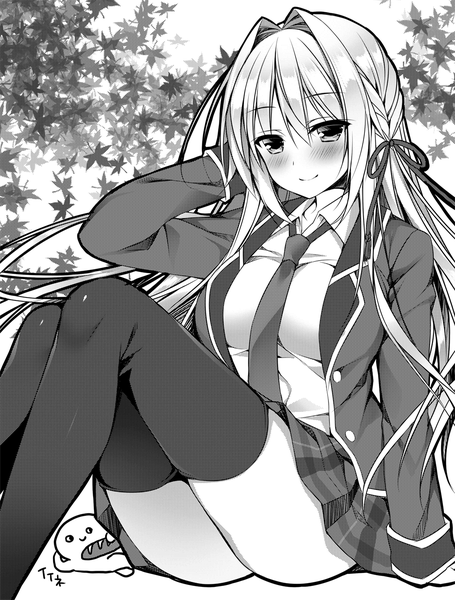 Anime picture 1075x1416 with alcot tomoe (alcot) sorai shin'ya single long hair tall image looking at viewer blush breasts light erotic smile large breasts sitting arm support adjusting hair monochrome plaid skirt manga girl thighhighs