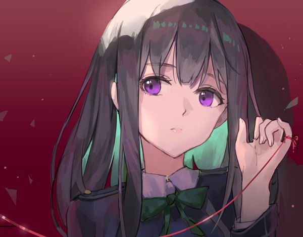 Anime picture 3544x2768 with lycoris recoil inoue takina qingtian bu xi huai hai zhi single long hair highres black hair simple background purple eyes looking away absurdres upper body multicolored hair colored inner hair red background girl thread red thread