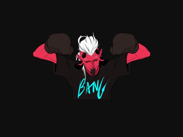 Anime picture 1280x960 with tagme (artist) single short hair simple background yellow eyes white hair horn (horns) pointy ears grey background piercing black background dark background demon red skin boy tongue monster boxing gloves