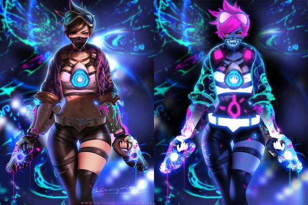 Anime picture 1800x1200 with league of legends overwatch blizzard entertainment k/da (league of legends) akali (league of legends) tracer (overwatch) k/da akali liang xing looking at viewer fringe highres short hair light erotic brown hair standing holding brown eyes yellow eyes pink hair realistic