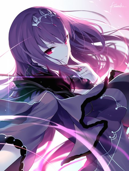 Anime picture 650x860 with fate (series) fate/grand order scathach (fate) (all) scathach skadi (fate) kousaki rui single long hair tall image looking at viewer fringe hair between eyes red eyes signed purple hair upper body light smile fur trim outstretched arm shaded face hand on face