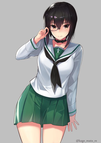 Anime picture 1251x1770 with girls und panzer kawashima momo kagematsuri single tall image looking at viewer blush fringe short hair breasts black hair simple background hair between eyes standing brown eyes signed long sleeves pleated skirt arm up grey background