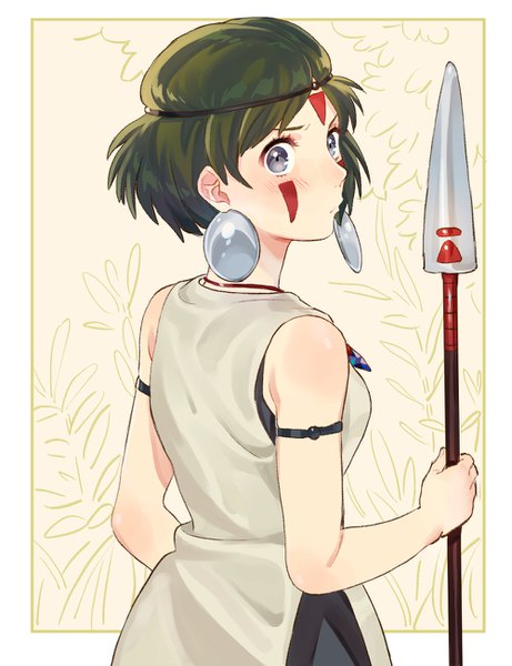 Anime picture 1000x1300 with mononoke hime studio ghibli san honoboooono single tall image looking at viewer blush short hair brown hair standing bare shoulders holding upper body profile looking back grey eyes embarrassed border face paint