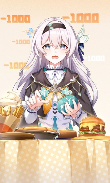 Anime picture 2560x4240 with honkai: star rail honkai (series) firefly (honkai: star rail) hamilundenongdizhe single long hair tall image fringe highres open mouth hair between eyes silver hair upper body silver eyes girl food hairband number (numbers) hamburger french fries