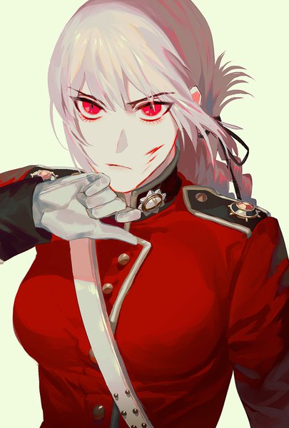 Anime picture 800x1184 with fate (series) fate/grand order florence nightingale (fate) daeraeband single long hair tall image simple background red eyes looking away silver hair upper body blood on face hair rings military girl gloves uniform white gloves blood