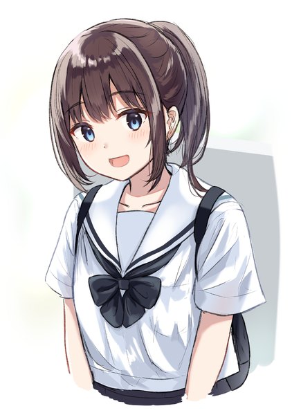 Anime picture 774x1100 with original burenbo single tall image looking at viewer blush fringe short hair open mouth blue eyes simple background smile brown hair white background payot upper body ponytail head tilt :d girl