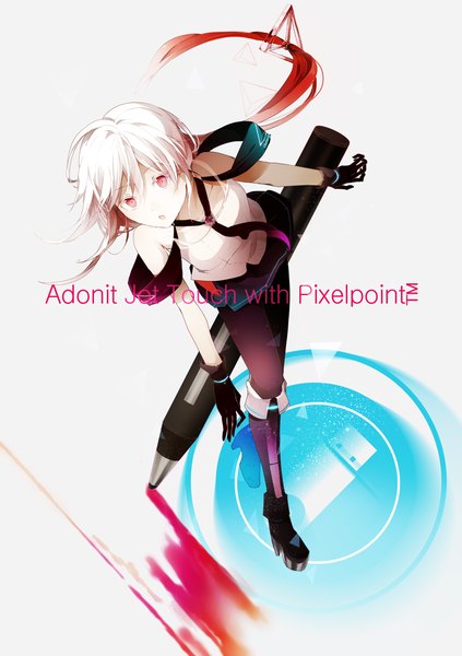 Anime-Bild 900x1275 mit original aji77 (artist) single long hair tall image looking at viewer fringe open mouth simple background white background bare shoulders white hair red hair pink eyes multicolored hair from above two-tone hair high heels girl skirt