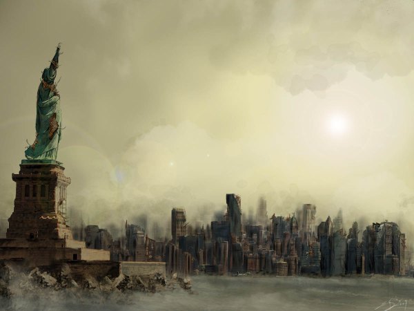 Anime picture 1200x900 with original mephell (artist) city cityscape ruins post-apocalyptic statue of liberty