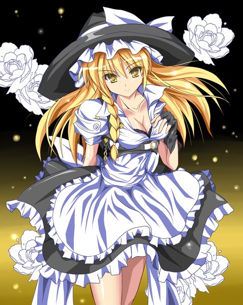 Anime picture 1916x2409 with touhou kirisame marisa tagme (artist) tall image highres breasts light erotic blonde hair yellow eyes braid (braids) witch girl flower (flowers) ribbon (ribbons) witch hat