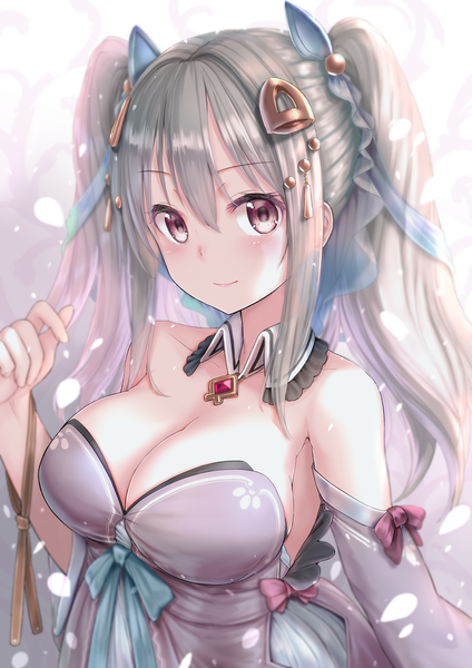 Anime picture 1447x2046 with original kachayori single long hair tall image looking at viewer blush fringe breasts light erotic simple background hair between eyes red eyes large breasts bare shoulders payot cleavage upper body light smile grey hair