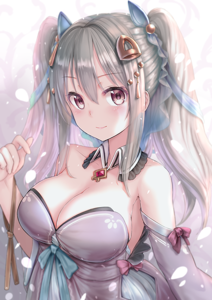 Anime-Bild 1447x2046 mit original kachayori single long hair tall image looking at viewer blush fringe breasts light erotic simple background hair between eyes red eyes large breasts bare shoulders payot cleavage upper body light smile grey hair