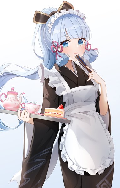 Anime picture 1500x2357 with genshin impact kamisato ayaka gya (144) single long hair tall image looking at viewer fringe blue eyes simple background blue hair ponytail blunt bangs traditional clothes japanese clothes wa maid tea set girl food headdress