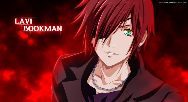 Anime picture 1980x1080 with d.gray-man lavi tremblax single highres short hair smile red eyes wide image aqua eyes inscription coloring portrait boy earrings eyepatch