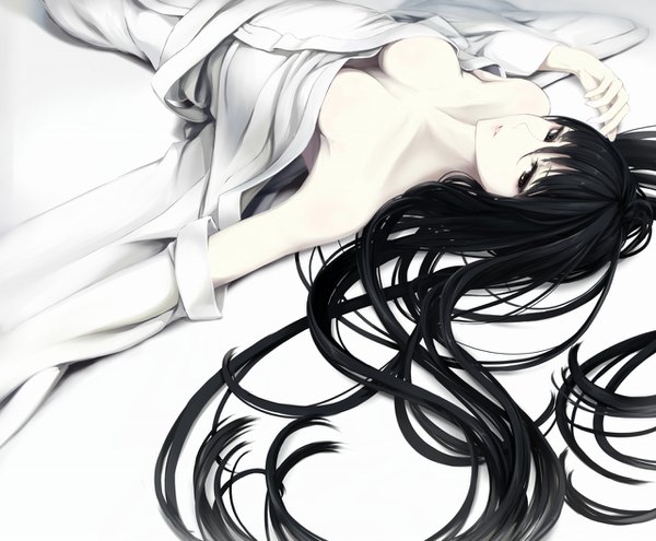 Anime picture 1280x1058 with original erise single long hair looking at viewer breasts open mouth light erotic black hair simple background white background bare shoulders lying traditional clothes japanese clothes black eyes no bra revision girl kimono