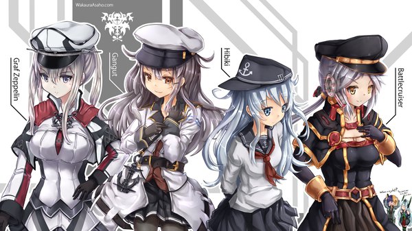 Anime picture 1920x1080 with kantai collection starcraft blizzard entertainment hibiki destroyer graf zeppelin (kantai collection) battlecruiser (starcraft) gangut (kantai collection) odin (starcraft) wakaura asaho long hair looking at viewer blush fringe highres breasts blue eyes simple background smile hair between eyes wide image