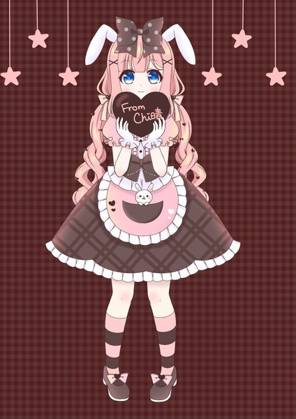 Anime picture 2480x3507 with original chicheng single long hair tall image looking at viewer fringe highres blue eyes simple background signed animal ears pink hair full body blunt bangs bunny ears lolita fashion :3 valentine plaid