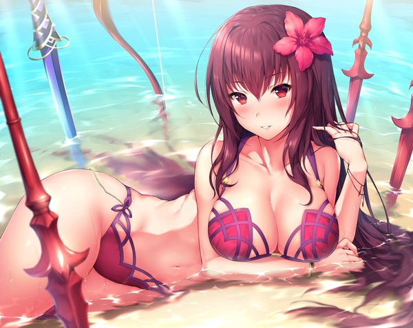 Anime picture 1187x945 with fate (series) fate/grand order scathach (fate) (all) scathach (swimsuit assassin) (fate) yomono single long hair looking at viewer blush breasts light erotic red eyes large breasts bare shoulders cleavage purple hair outdoors lying parted lips hair flower