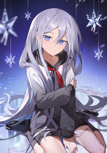Anime picture 1000x1432 with project sekai yoisaki kanade azit (down) single tall image looking at viewer fringe blue eyes hair between eyes sitting silver hair very long hair wariza expressionless holding arm girl socks star (symbol) black socks