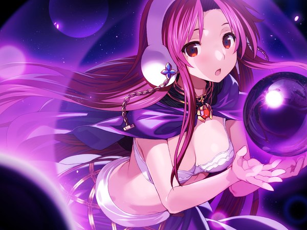 Anime picture 1024x768 with rance (series) sengoku rance rance quest alice soft kentou kanami shunin single long hair looking at viewer breasts open mouth light erotic red eyes pink hair game cg girl lingerie bra headphones purple bra