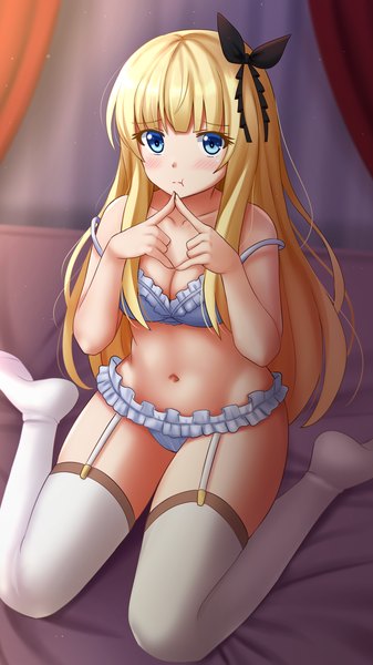 Anime picture 1200x2134 with kishuku gakkou no juliet lidenfilms juliet persia kazenokaze single long hair tall image looking at viewer blush fringe breasts blue eyes light erotic blonde hair sitting bare shoulders full body bent knee (knees) indoors blunt bangs