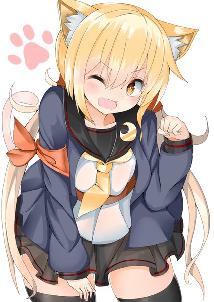 Anime picture 1000x1412 with kantai collection satsuki destroyer hidaka0503 single long hair tall image blush fringe open mouth simple background blonde hair hair between eyes white background twintails brown eyes animal ears looking away tail animal tail one eye closed