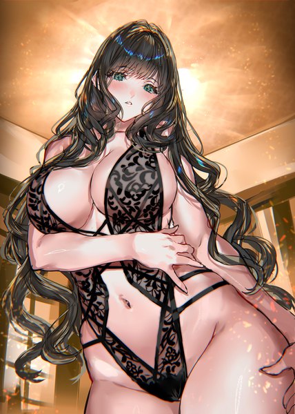 Anime picture 1141x1600 with original ranou single long hair tall image looking at viewer blush fringe breasts light erotic black hair standing green eyes indoors blunt bangs parted lips from below huge breasts sideboob groin