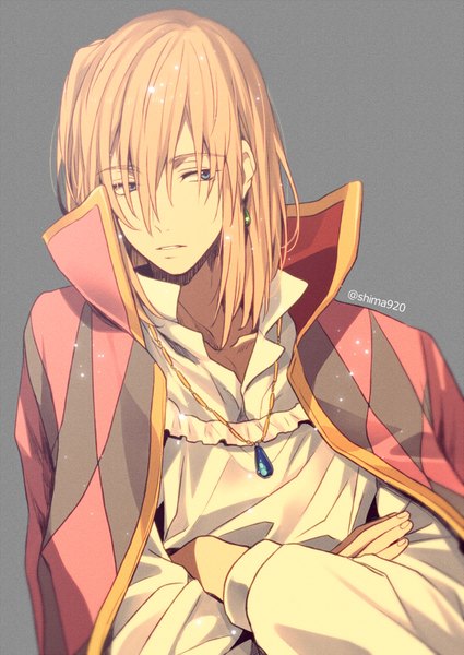 Anime picture 600x847 with howl's moving castle studio ghibli howl mashima shima single long hair tall image fringe blue eyes simple background blonde hair hair between eyes signed looking away grey background crossed arms clothes on shoulders rhombus boy earrings