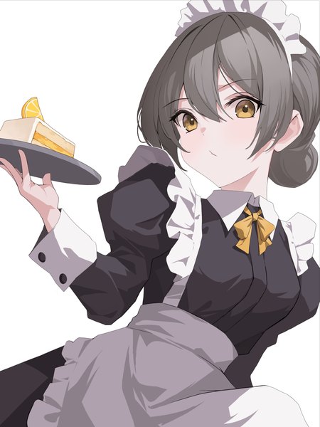 Anime picture 2948x3927 with original crystalherb single long hair tall image looking at viewer fringe highres simple background hair between eyes standing white background holding yellow eyes long sleeves grey hair maid hair bun (hair buns) puffy sleeves girl