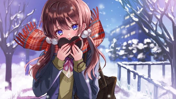 Anime picture 960x540 with original amaimomo single long hair blush fringe blue eyes hair between eyes brown hair wide image twintails upper body head tilt low twintails snow valentine bare tree girl uniform plant (plants)