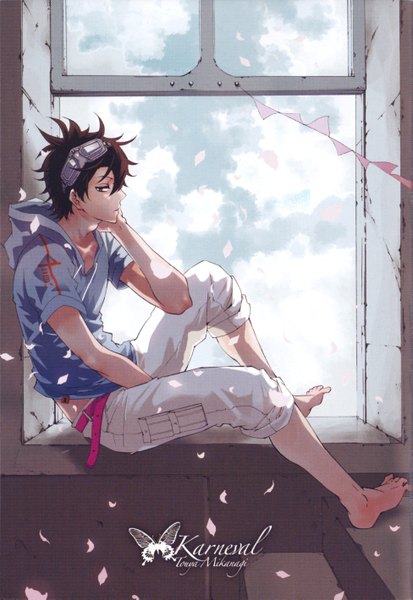 Anime picture 3904x5673 with karneval gareki (karneval) mikanagi touya single tall image looking at viewer highres short hair brown hair sitting brown eyes absurdres sky cloud (clouds) profile barefoot boy petals glasses belt