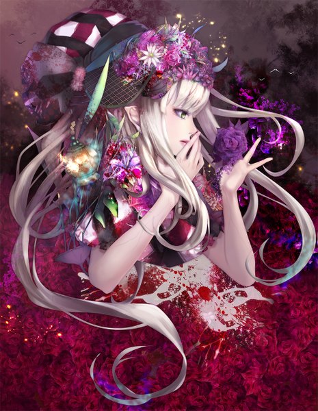 Anime picture 951x1226 with original jname single long hair tall image green eyes looking away white hair hair flower pointy ears fantasy girl hair ornament flower (flowers) bow hat rose (roses) lamp