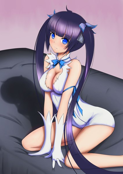 Anime picture 2480x3507 with dungeon ni deai wo motomeru no wa machigatteiru darou ka j.c. staff hestia (danmachi) dls single long hair tall image looking at viewer blush highres breasts blue eyes light erotic black hair simple background large breasts sitting twintails bare shoulders payot
