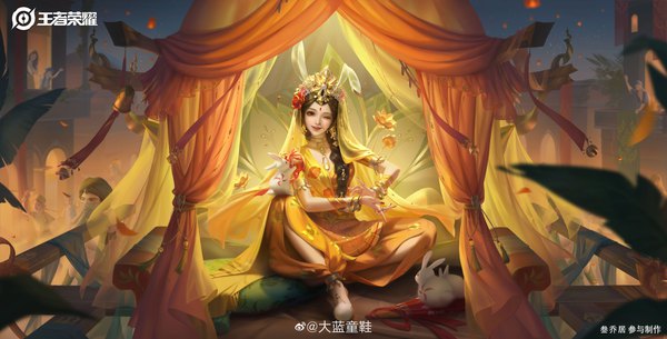 Anime picture 8120x4131 with journey to the west honor of kings gongsun li arran long hair looking at viewer highres smile brown hair wide image sitting brown eyes signed animal ears absurdres full body outdoors braid (braids) nail polish one eye closed