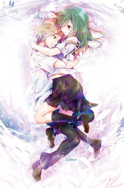 Anime picture 751x1134 with kagerou project shaft (studio) kido tsubomi kano shuuya chikaya long hair tall image blush fringe short hair blonde hair smile pleated skirt green hair short sleeves hug hands behind back hand on head girl boy