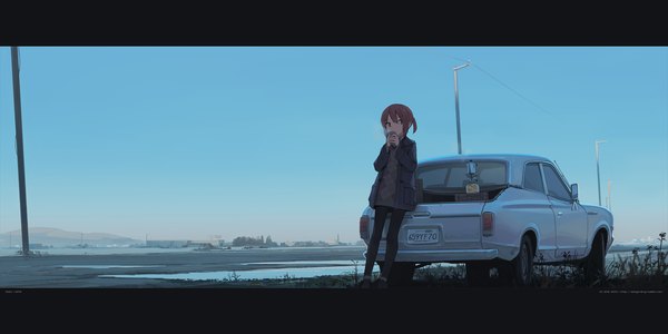 Anime picture 2048x1024 with original astg single fringe highres short hair hair between eyes brown hair wide image standing holding brown eyes payot looking away sky full body ponytail sunlight open jacket letterboxed