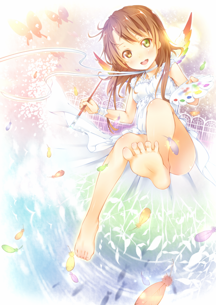 Anime picture 1447x2046 with original oekaki musume (qpixiv) ichi makoto single long hair tall image blush smile brown hair barefoot heterochromia soles girl ribbon (ribbons) wings choker insect butterfly feather (feathers) paintbrush