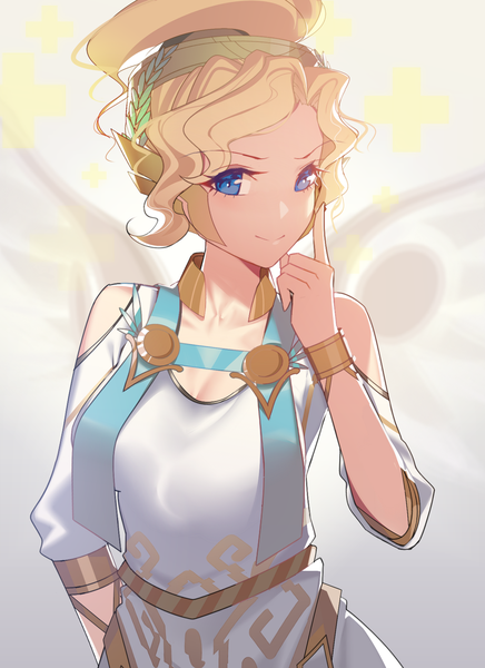 Anime picture 1476x2031 with overwatch blizzard entertainment mercy (overwatch) winged victory mercy ajahweea single tall image looking at viewer fringe short hair blue eyes blonde hair smile upper body ponytail arm up blurry wavy hair arm behind back girl