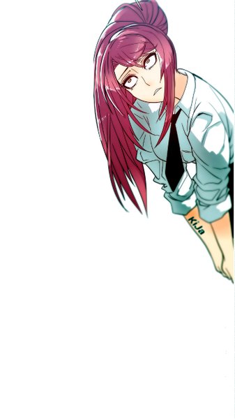 Anime-Bild 720x1280 mit household affairs butcherboy single long hair tall image fringe simple background hair between eyes white background ponytail red hair long sleeves parted lips head tilt tattoo leaning leaning forward looking up hands clasped twisty sleeves