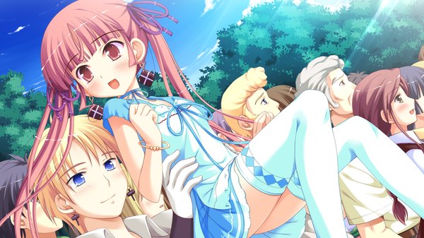 Anime picture 1920x1080 with shukufuku no campanella minette leicester maycraft long hair highres short hair open mouth blue eyes blonde hair red eyes wide image twintails game cg red hair loli girl thighhighs boy white thighhighs sundress