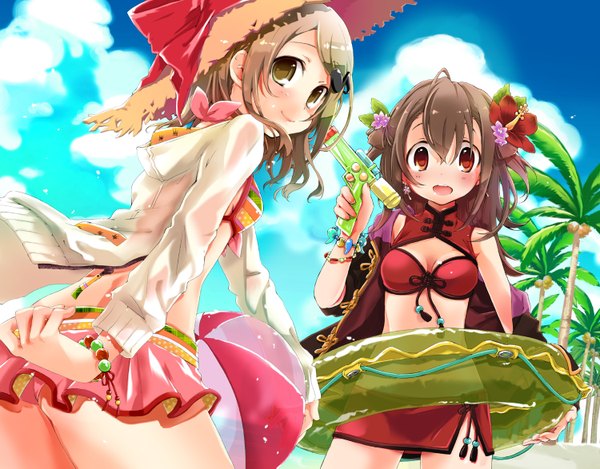 Anime picture 1500x1173 with original hekicha long hair looking at viewer blush fringe short hair breasts open mouth light erotic smile red eyes brown hair multiple girls holding brown eyes sky cleavage hair flower beach
