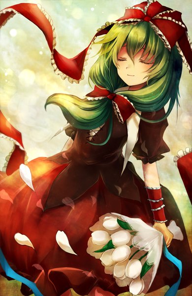 Anime picture 800x1228 with touhou kagiyama hina maho moco single long hair tall image eyes closed green hair light smile wind girl dress flower (flowers) ribbon (ribbons) bow hair bow petals bouquet tulip