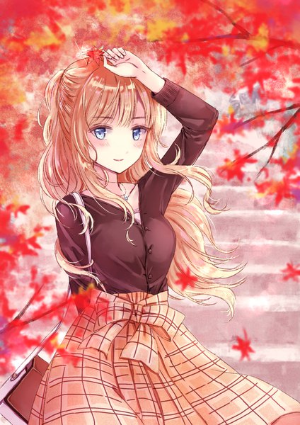 Anime picture 1000x1414 with original nagidango single long hair tall image looking at viewer blush fringe blue eyes blonde hair smile hair between eyes outdoors long sleeves arm up wind plaid skirt hand on head autumn girl