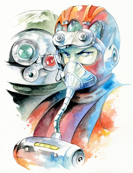 Anime picture 700x908 with soukou kihei votoms scopedog chirico cuvie agahari single tall image blue eyes simple background white background goggles on head traditional media watercolor (medium) oldschool 80s boy bodysuit goggles helmet pilot suit mecha