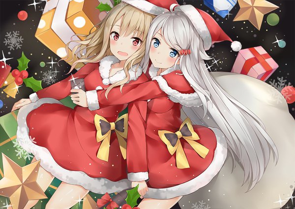 Anime picture 1000x707 with imouto sae ireba ii silver link kani nayuta shirakawa miyako yukinoshita (shaonjishi) long hair blush fringe open mouth blue eyes blonde hair smile red eyes multiple girls silver hair ahoge sparkle fur trim outstretched arm christmas